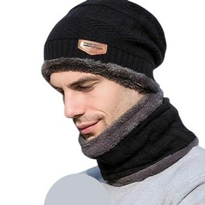 Unisex Adult Black Neck Warmer + Beanie Hat Cap Lined Knit Fleece Outdoor Ski