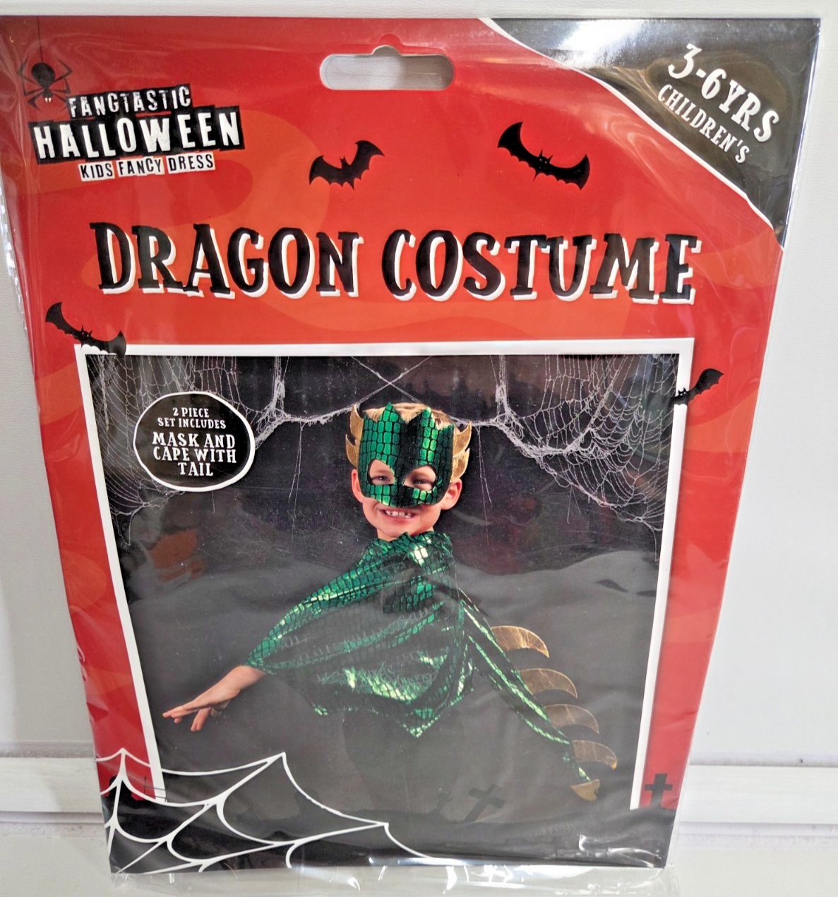 Childs Dragon Fancy Dress Costume Cosplay Face Mask Wings Tail Green 3-6yr Party