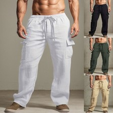 UK Mens Casual Sports Cotton Linen Pants Breathable Loose Running Yoga Trousers