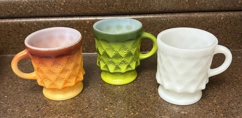 Set Of 3 VTG Fire King Kimberly Diamond Point Green Orange And White Coffee Mugs