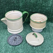 VTG Enamelware Coffee Pot Percolator Cream With Green Trim