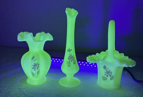 Lot Of Three Tiara x Fenton Uranium Glass Hand Painted Custard Glass Vases Baskt