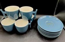 Dowan Light Blue Espresso Demitasse 6 Oz Cup & Saucer T-Shaped Handles Set for 6