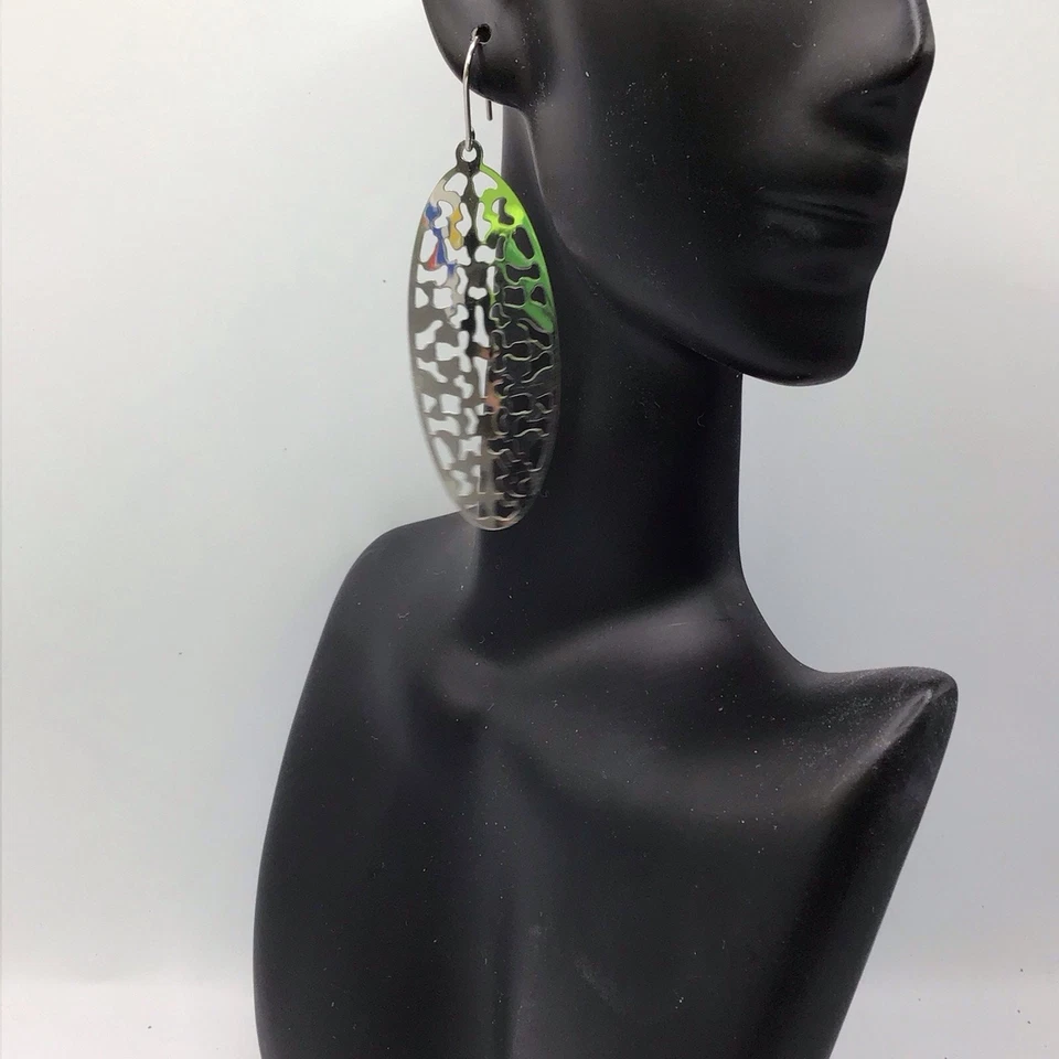 纯银椭圆形镂空吊坠耳环钩 5.3 克现代抽象设计 — 第 3/4 张图片