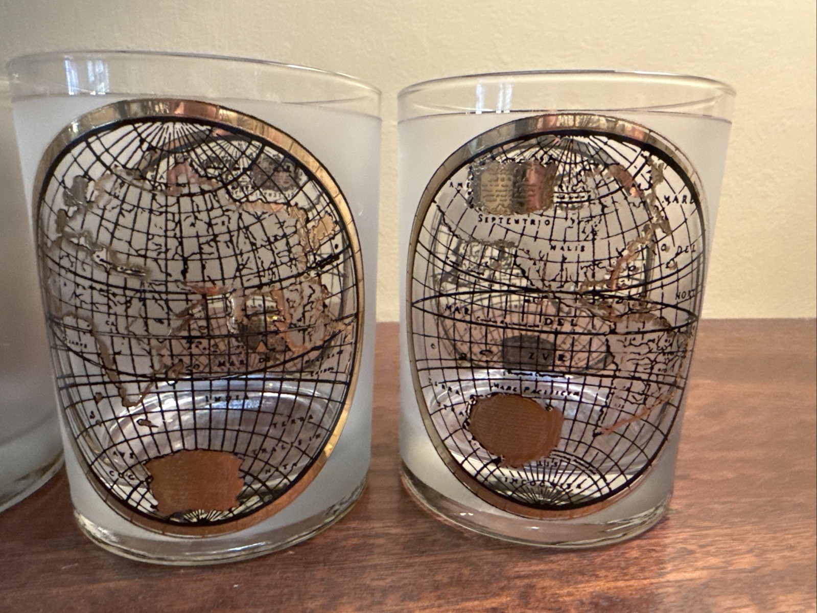 4 VINTAGE Culver 22K Globe ORBIS GEOGRAPHICA Gold Double Old Fashion Glasses box