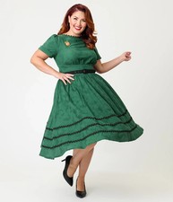 Unique Vintage Emerald & Pumpkin Pin Cotton Swing Dress 1X  Fall Ric Rac Trim