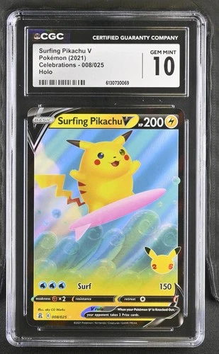CGC 10 GEM MINT Surfing Pikachu V 008/025 Celebrations Holo Pokemon Card