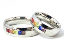 Steel Center Rainbow Color CZ Gems Band Ring Size 5,7,8,9,10,13 FL254 