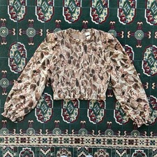 NWT Wilfred Brown and Tan Smocked Top Ruffle Trim Back Zip Feminine Neutral M