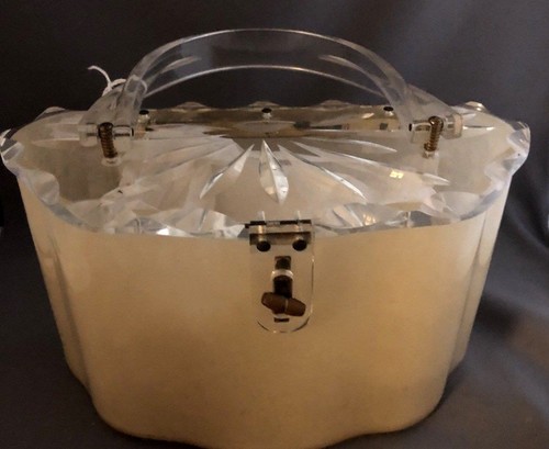 Vintage Lucite Cream Handbag Purse w/Clear Carved