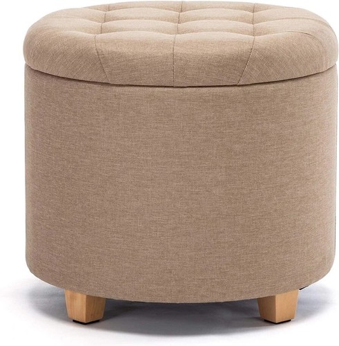 HNNHOME 45cm Round Linen Ottoman Storage Stool Box, Footstool Pouffe - Picture 8 of 12