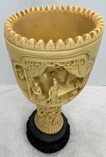 Chinese Resin Soapstone Chalice Hand Carved In Relief with Dragon Base - 12" - Picture 5 of 11