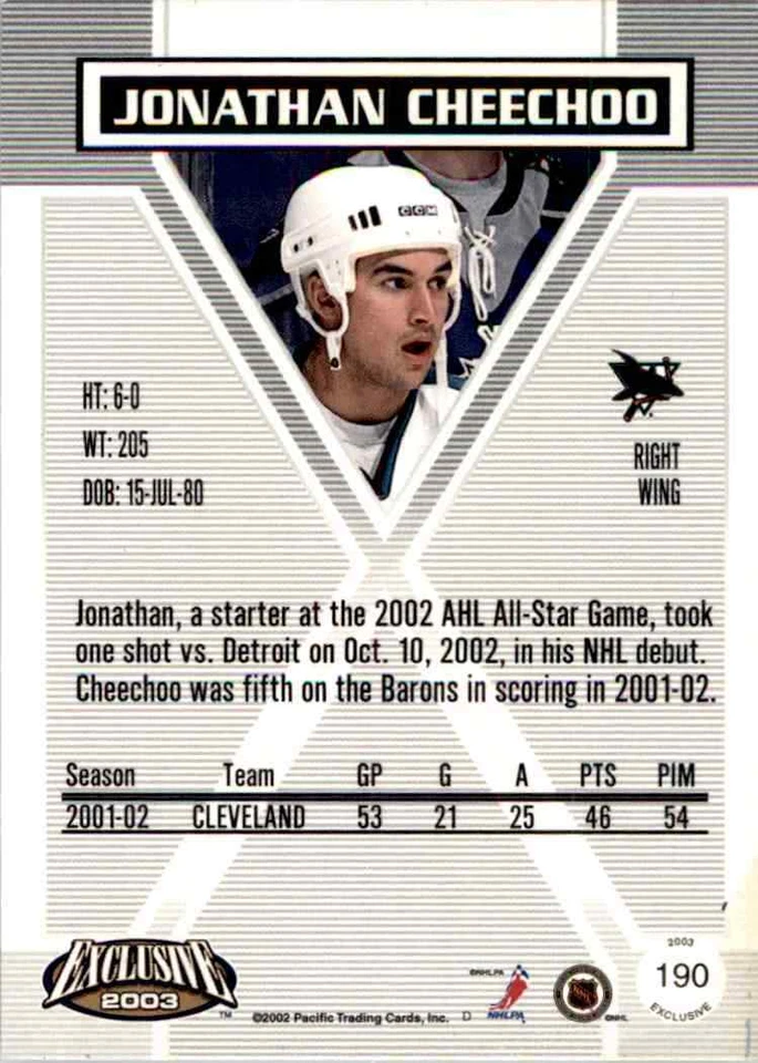 2002-03 Pacific Exclusive Jonathan Cheechoo #190 - Image 2 of 2