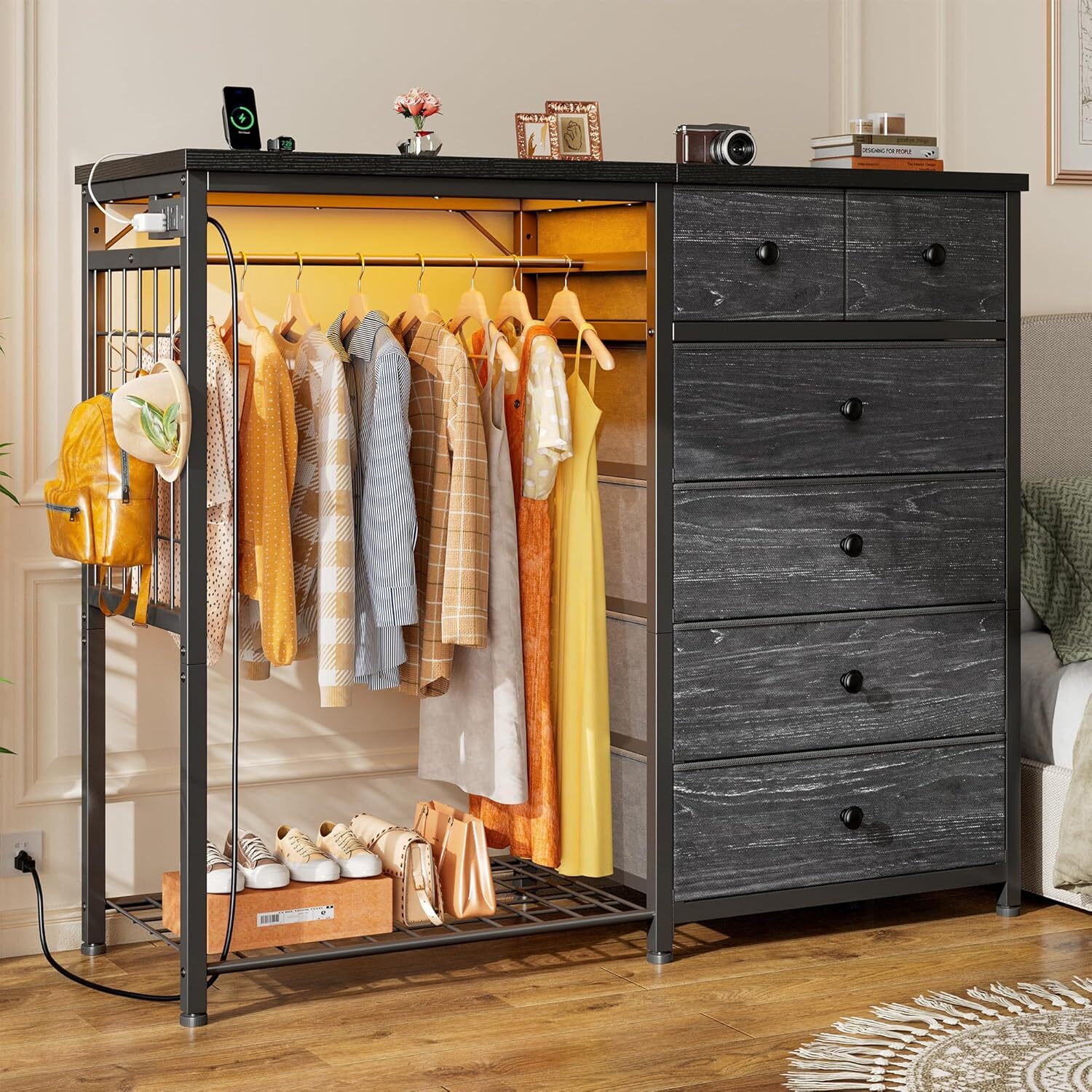 Multi-Functional Charging Station & Fabric Dresser with Clothes Rack-image