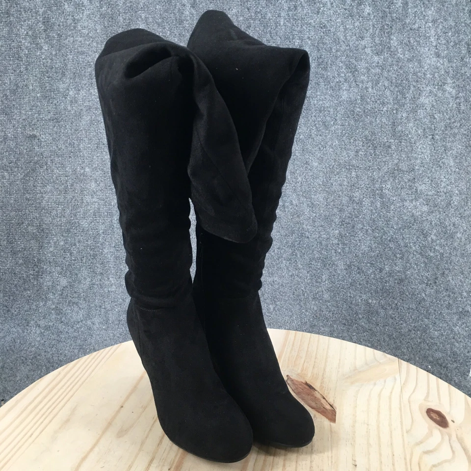 Botas de lavandería chinas para mujer 6,5 M sobre la rodilla cuña de montar tela negra cremallera Foto 3 de 4