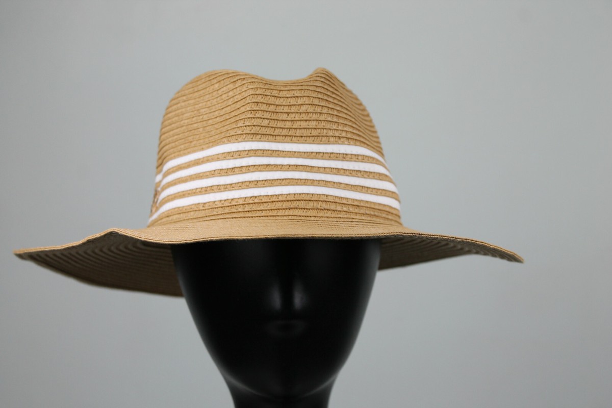 Adrienne Vittadini straw fedora‎ hat in Toast w/ white stripe band One Size NWT Adrienne Vittadini Toast Paper Straw Large Brim Hat Blue  main image 2