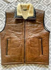 Men's Brown Sheepskin Leather  Real Shearling Fur Gilet Vest Jacket XXS - 6XL