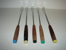 Stainless Steel Fondue 3 Prong Forks Wood Handle Color Coded MCM