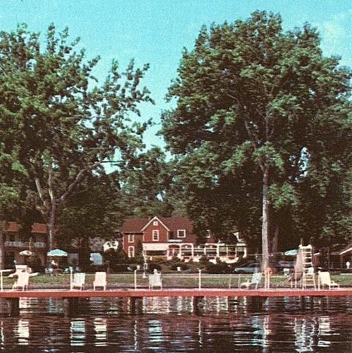 c.1965 Rainbow Cove Motel Lake Seneca Himrod NY Postkarte Lounge Dock Schwimmen