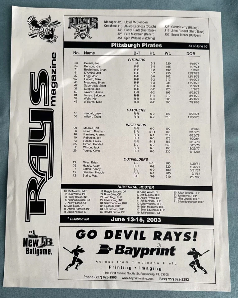 2003 Rays Magazine Tampa Bay Devil Rays Vs Pittsburgh Pirates Roster Original! - Image 3 of 4
