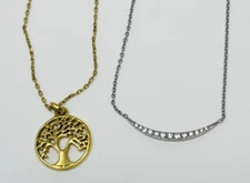 Fossil Tree of Life Rhinestone Bar Chain Necklace Set Lot of 2 Gold Silver Tone