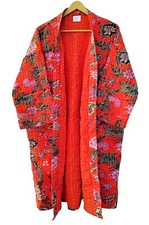 Indian Floral Print Kantha Quilt Handmade Orange Boho Winter Mid-Length Jacket