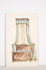 small stencil deb. XX° canopy bed, blue draped fabric, decoration