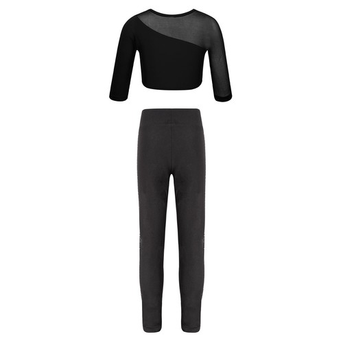 Girls Tracksuit Soft Sets Sparkly Outfit Mesh Dancewear Patchwork Leggings - Picture 11 of 26