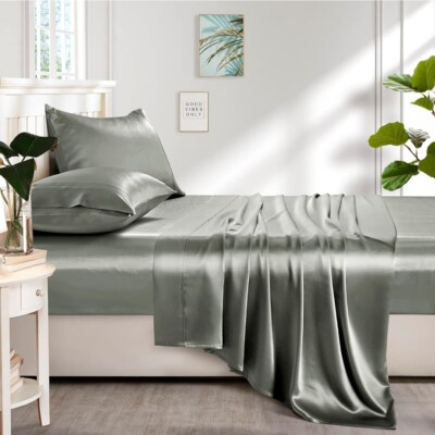 Lanest Housing Silk Satin Sheets, 4-Piece Queen Size Satin Bed Sheet Set