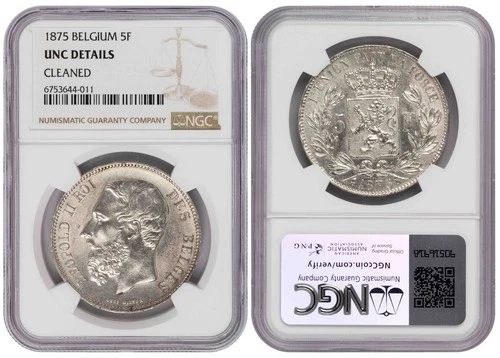 i-650419 Belgium 5 Francs 1875. NGC UNC Details