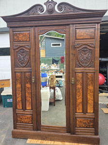 Antique Carved Wood Triple Wardrobe 3-Door Mirror, Rail, 3 Drawers 75"H