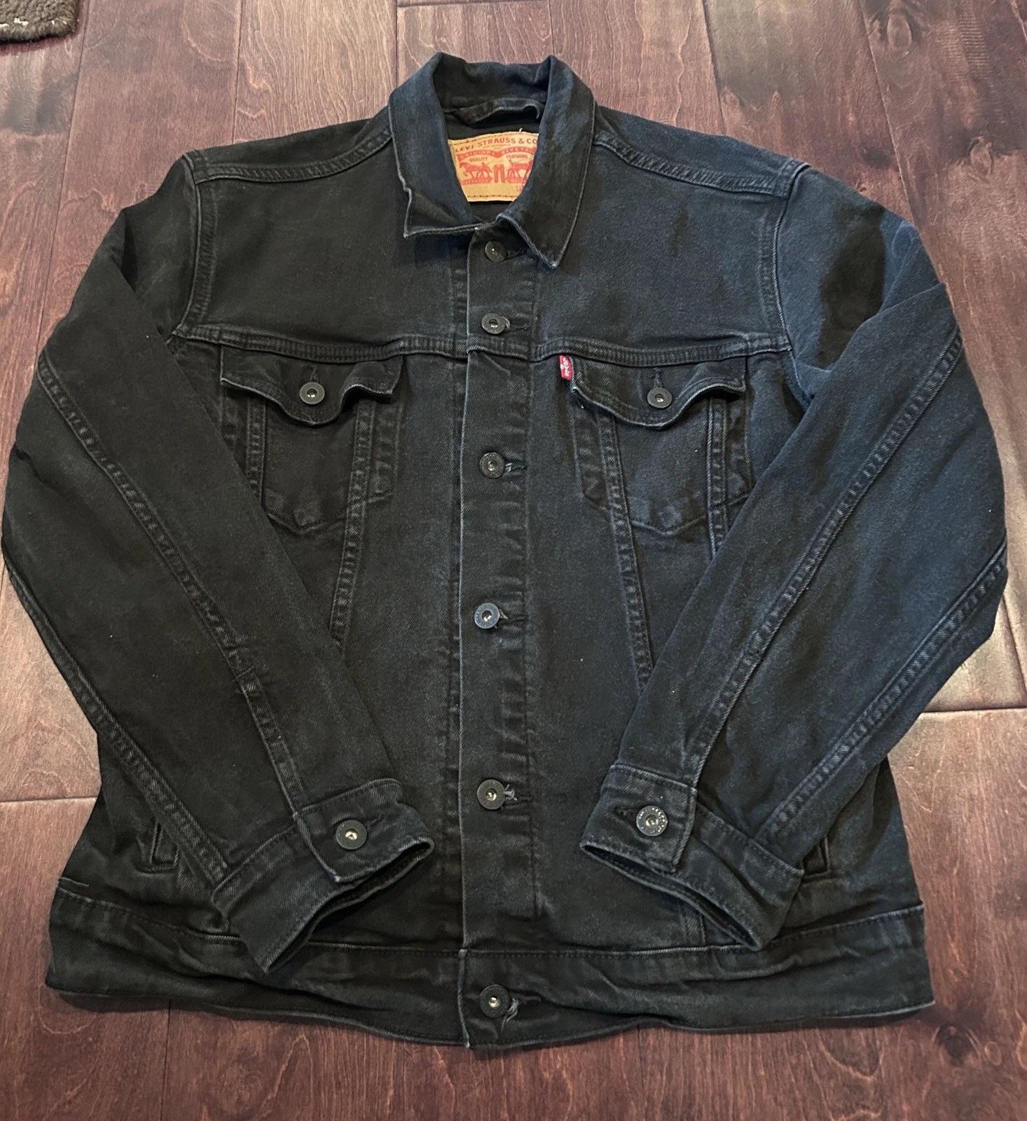 Levi's Mens Medium Black Denim Jean Trucker Jacket Stretch Button Front Red Tab