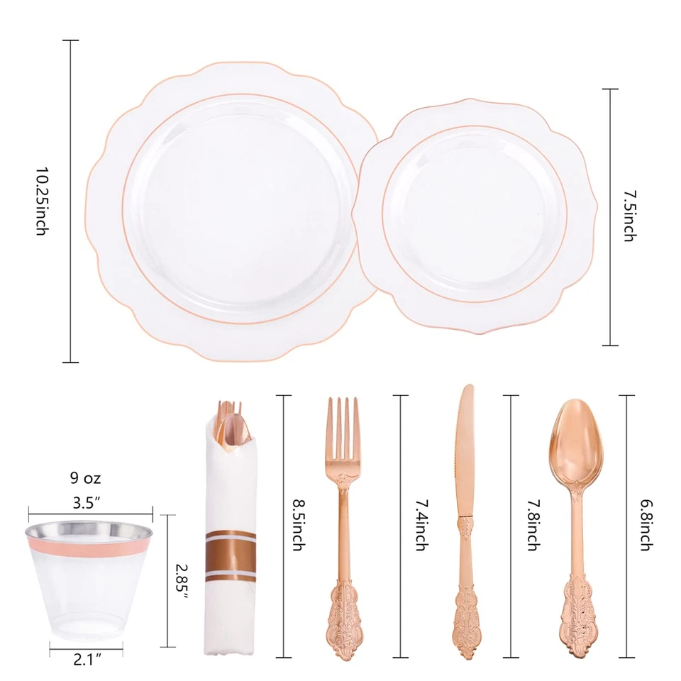 Platos de plástico de oro rosa 350 piezas - Juego de vajilla desechable de oro rosa transparente -... Foto 3 de 4