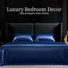 Satin Sheet Set, Soft Luxury Sheet Sets with 15" DeeP Pockets King, Navy Blue