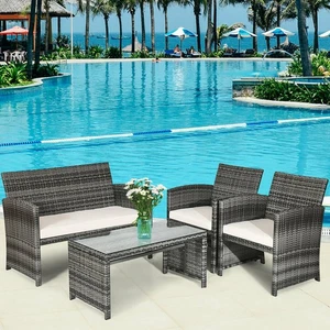 4 Pc Rattan Patio Furniture Set Garden  Sofa Cushioned Seat Mix Gray Wicker
