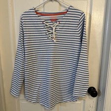 Joules Womens Sweatshirt Blue White Striped Lace Up Long Sleeve Notch Neck Sz 10