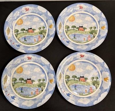 Vtg Set 4 Nikko Remember When Dinner Plates Deb Mores 1999 Fishing Scene 10.75 