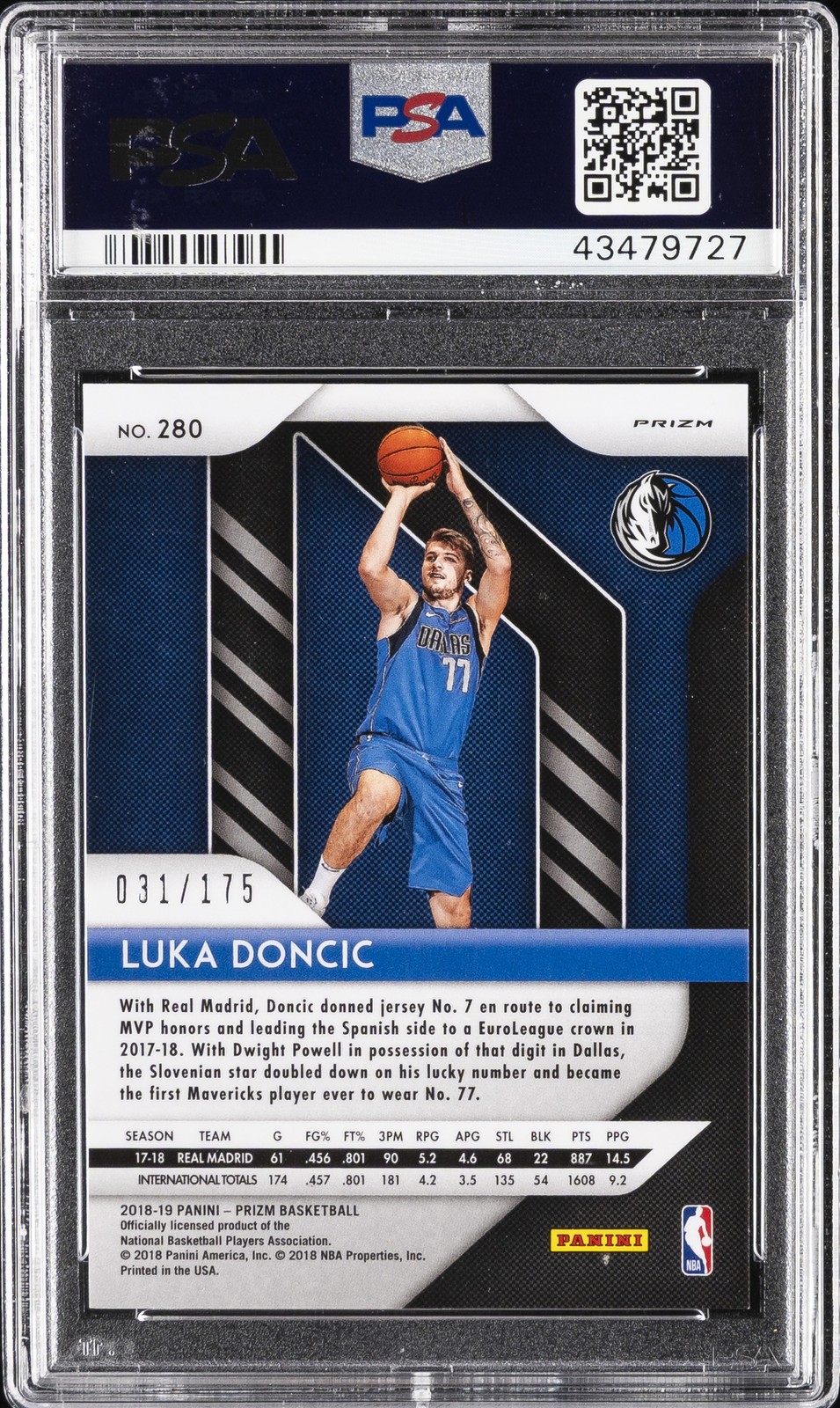 2018 PANINI PRIZM FAST BREAK PRIZM-BLUE #280 LUKA DONCIC ROOKIE RC /175 PSA 10 view 2