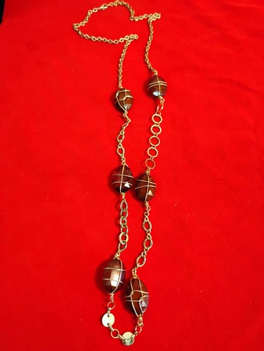 Vintage Amber Brown 36" Caged Wrapped Gold Tone Necklace - Picture 7 of 16