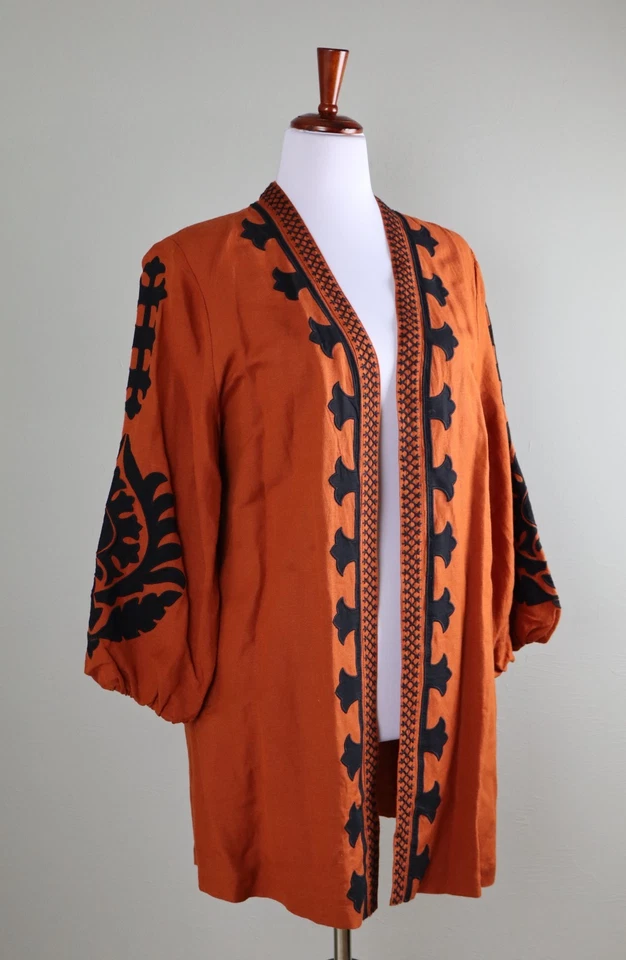 CHICO'S $138 Embroidered Applique Linen Kimono Jacket Top Size 2 12/ 14 Large - Image 2 of 4
