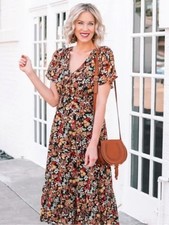 Madewell Floral Tiered Midi Dress in Black size 2 NWT