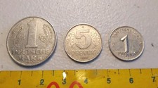 East Germany 3 Coins: 1 and 5 Pfennig & 1 Mark, 1950 to 1968