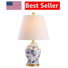 LED Blue/White Ceramic Ginger Jar Table Lamp - 22 Inches with White Linen Shade