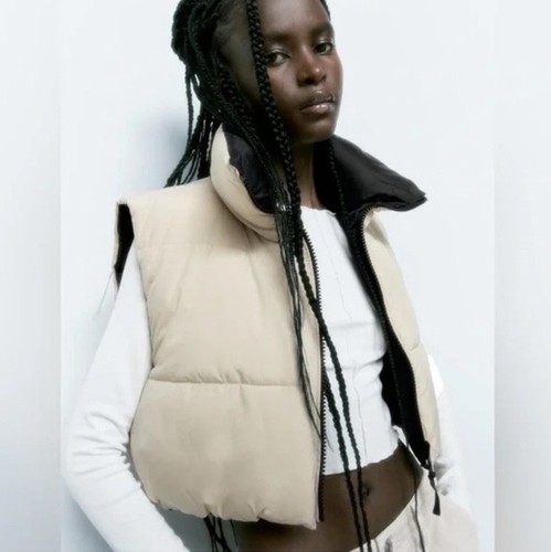 Zara Reversible Cropped Puffer Vest Beige Black Size L-XL - Picture 3 of 10