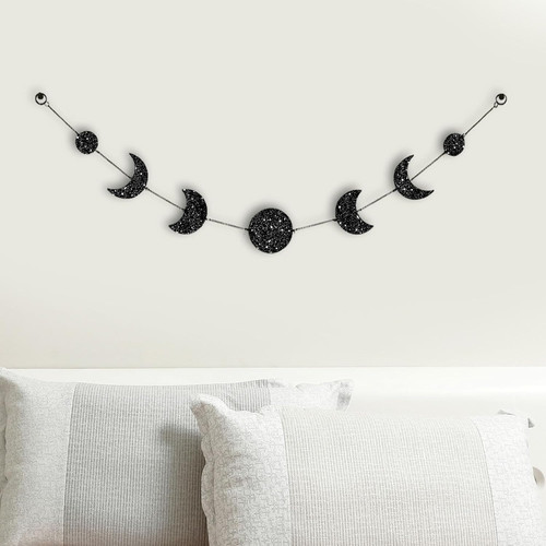 Moon Phase Wall Hanging Boho Decor Garland Black and White Glitter