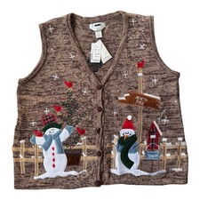 Vintage CJ Banks NWT Brown Christmas Sweater Vest Snowman Cottage GrandmaCore X