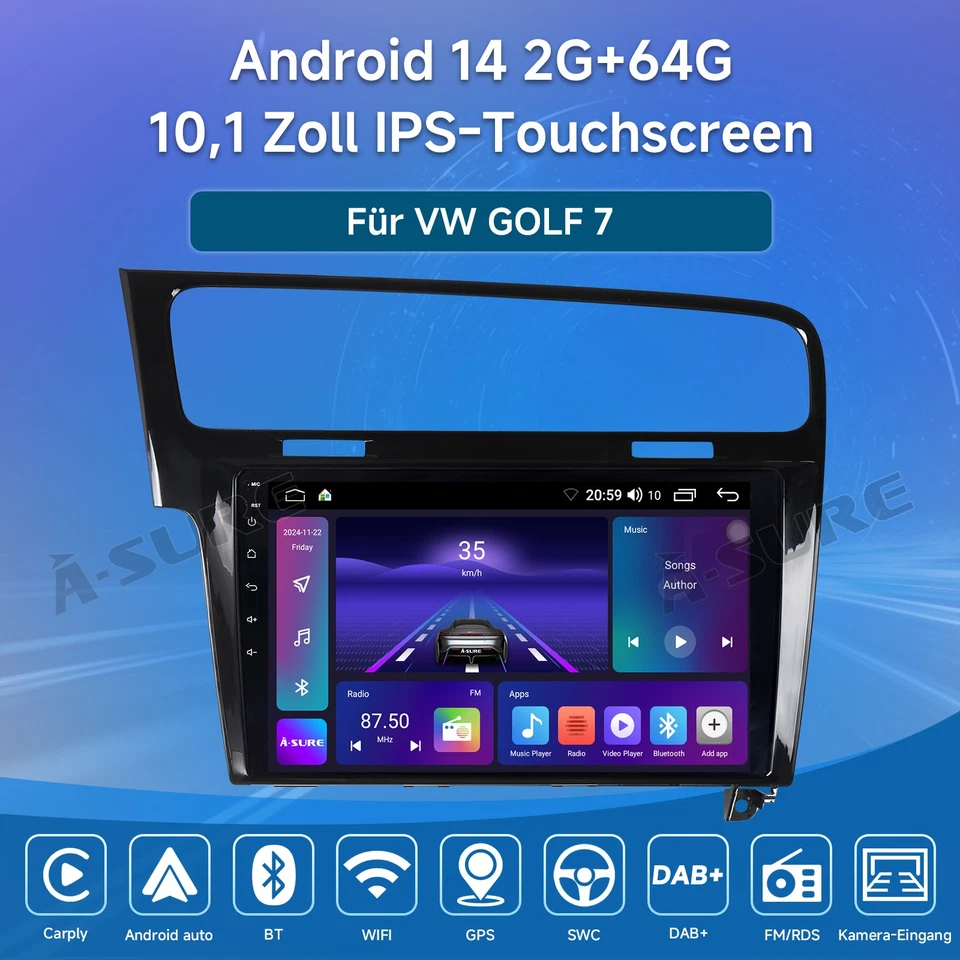 64G Android 14 Autoradio Wireless Carplay DSP GPS Navi Kam für VW Golf 7 VII MK7 - Bild 2 von 4