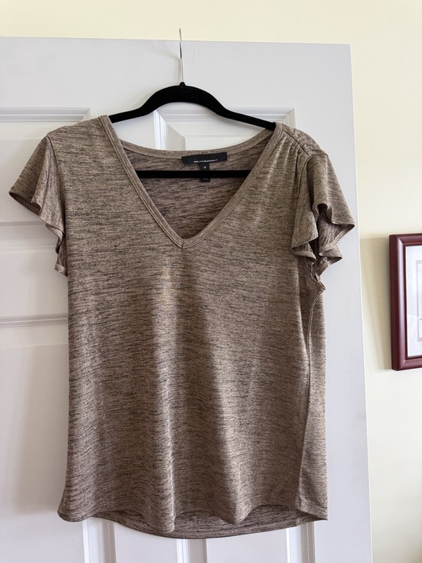 White House Black Market Women’s Gold And Black Top With Flutter Sleeves Size M