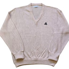 IZOD Men's Size L V-Neck Sweater Cream Made in USA Preppy Knit Golf GVC Vintage