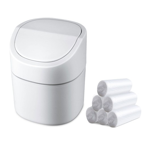 Mini Desk Trash Can with Lid with Trash Bags 180 Pcs Swing-Lid Tiny Counterto...